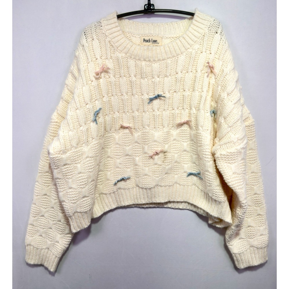 Peach Love California Sweater Size L Ivory Velvet Bow Chunky Knit Oversized Crop